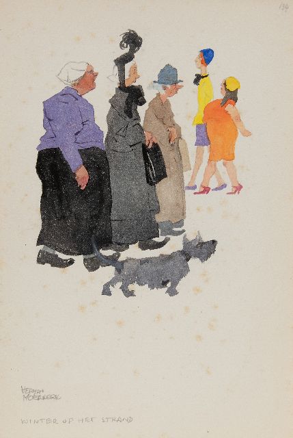 Herman Moerkerk | Winter op het strand, potlood en aquarel op papier, 25,6 x 17,2 cm, gesigneerd l.o.