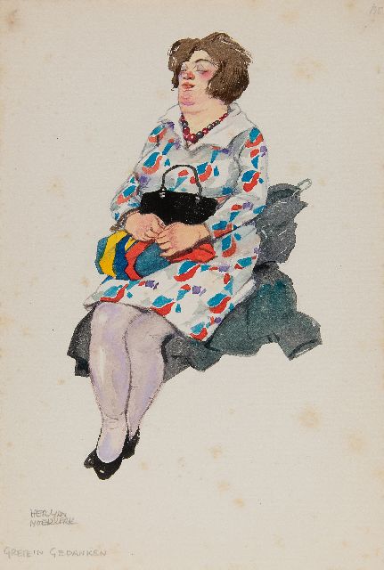 Moerkerk H.A.J.M.  | Grete in Gedanken, aquarel op papier 25,5 x 17,1 cm, gesigneerd l.o.
