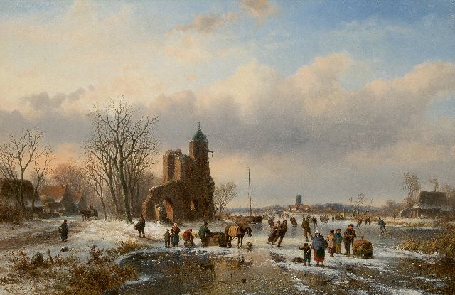 Willem Vester | Schaatsers op het ijs bij een kasteelruïne, olieverf op doek, 82,1 x 124,8 cm, gesigneerd l.o.