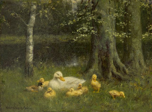 Constant Artz | Eendenfamilie bij een bosven, olieverf op doek, 18,6 x 24,3 cm, gesigneerd l.o.