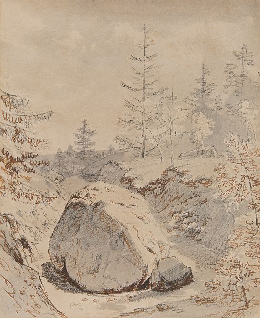 Barend Cornelis Koekkoek | Heuvelachtig landschap met zwerfkei, gewassen inkt, bruine inkt en krijt op papier , 26,1 x 21,3 cm, gesigneerd r.o. met initialen