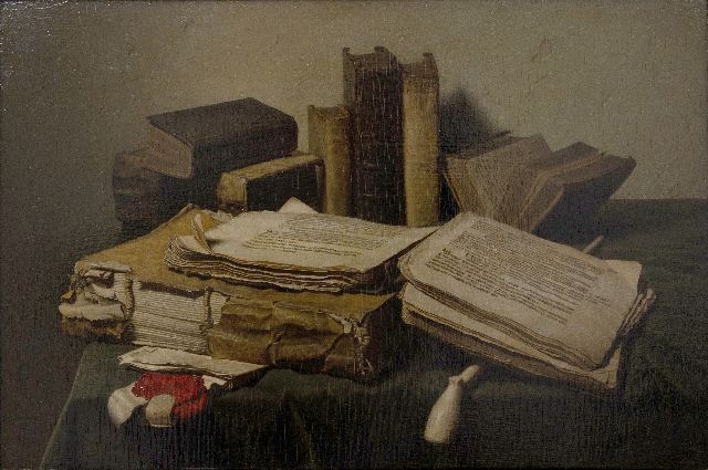 Jan Eversen | Stilleven met boeken en een pijp, olieverf op paneel, 40,1 x 59,9 cm, gesigneerd l.o. en gedateerd 3-44