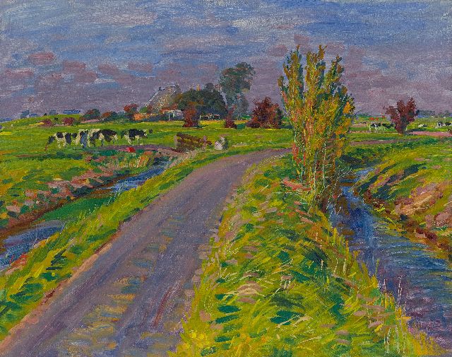 Johan Dijkstra | Polderlandschap met boerderij en koeien; verso: Landweg langs boerderij, olieverf op doek, 52,4 x 66,0 cm, te dateren ca. 1930