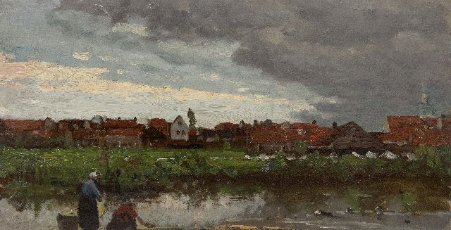 Hendrik Willem Mesdag | Bleekvelden aan een vaart, olieverf op paneel, 29,3 x 56,0 cm, gesigneerd l.o. resten van signatuur