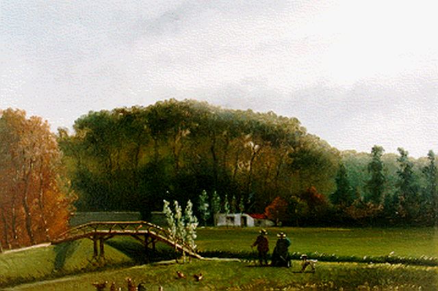 Jan Gerard Smits | Landschap met wandelaars, olieverf op paneel, 21,0 x 27,7 cm, gesigneerd l.o. initialen en gedateerd '64