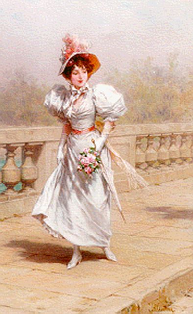 Frederik Hendrik Kaemmerer | Jonge vrouw wandelend over een brug, olieverf op doek, 46,0 x 32,5 cm, gesigneerd r.o.