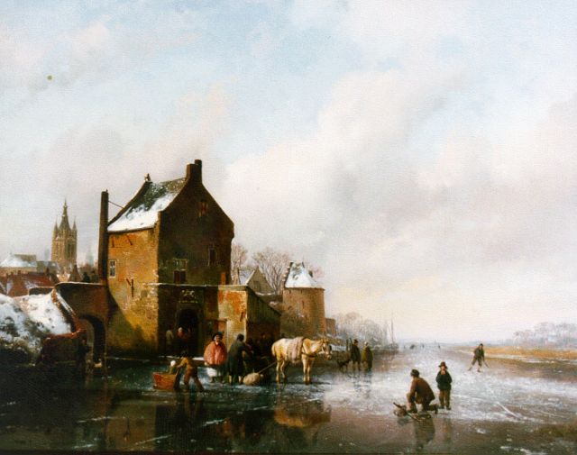 Hendrikus van de Sande Bakhuyzen | Bevroren vaart aan de stadsrand van Delft, olieverf op paneel, 43,7 x 56,8 cm, gesigneerd l.o. en gedateerd 1836