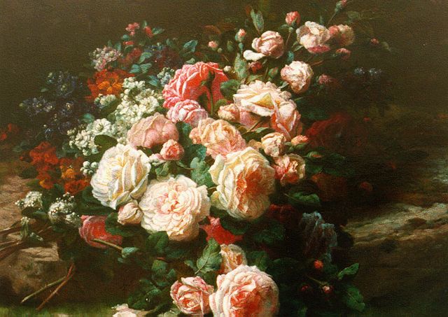 Jean-Baptiste Robie | Boeket rozen bij de bosvijver, olieverf op paneel, 55,4 x 67,3 cm, gesigneerd r.o.