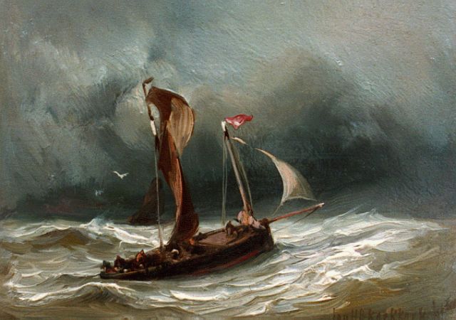 Jan H.B. Koekkoek | Schepen op ruwe zee, olieverf op paneel, 9,5 x 12,0 cm, gesigneerd r.o.