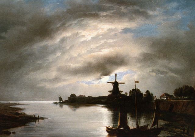 Louis Meijer | Riviergezicht bij maanlicht, olieverf op paneel, 23,5 x 30,0 cm, gesigneerd l.o.
