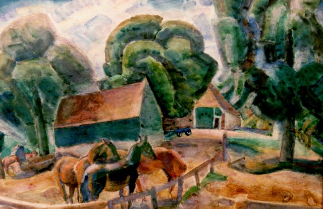 Leo Gestel | Paarden bij een boerderij, aquarel op papier, 70,0 x 95,5 cm, gesigneerd r.o. en gedateerd 1922