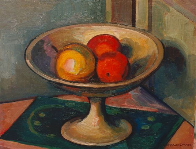 Wiegman M.J.M.  | Stilleven met appels op fruitschaal, olieverf op doek 40,0 x 50,0 cm, gesigneerd r.o.