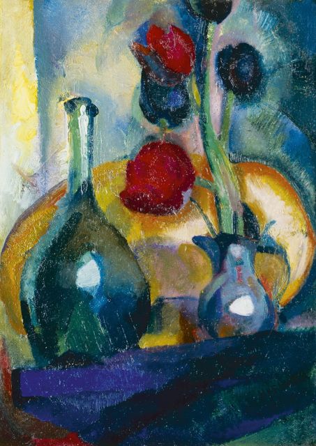 Kruyder H.J.  | Stilleven met tulpen en flacon, olieverf op paneel 44,0 x 32,0 cm, gesigneerd r.o.