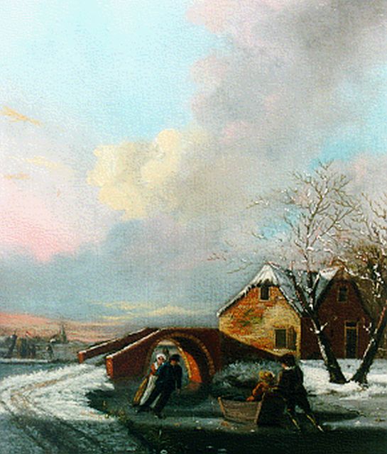 J. Callenfels | Schaatsers bij zonsondergang, olieverf op paneel, 20,8 x 17,8 cm