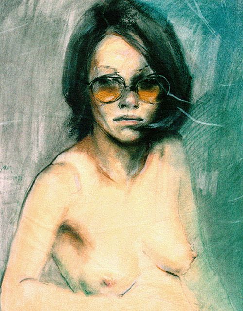 Jan Asselbergs | Halfnaakte vrouw met bril, pastel op papier, 64,0 x 49,0 cm, gesigneerd midden zijkant en gedateerd 1971