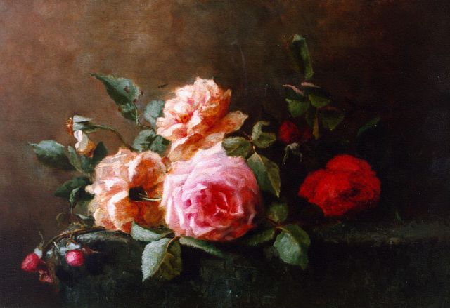 Ruwe L.  | Stilleven met rozen, olieverf op doek 34,0 x 50,3 cm, gesigneerd r.o.