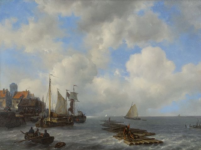 Louis Meijer | Bedrijvigheid van houttransporten aan een zeekade, olieverf op paneel, 46,8 x 61,8 cm, gesigneerd l.o. en gedateerd 1841