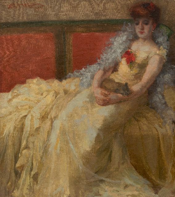 Thomas H.J.  | Vrouw in baljurk met schoothondje, olieverf op doek 56,9 x 50,5 cm, gesigneerd l.b. en gedateerd 1924