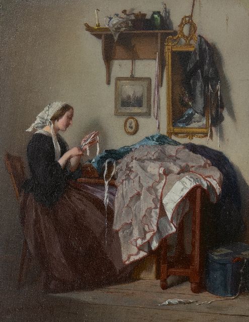 Alexander Hugo Bakker Korff | De jonge naaister, olieverf op paneel, 18,5 x 14,4 cm, gesigneerd l.o. en te dateren ca. 1864