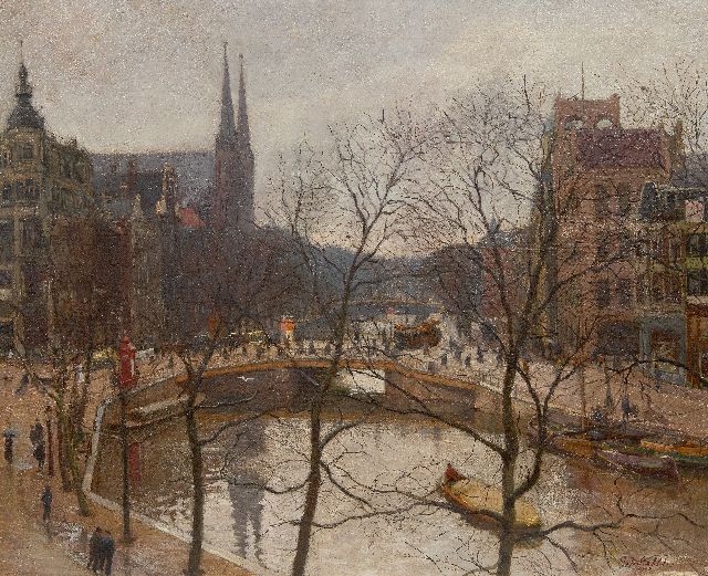Gerard Johan Staller | Gezicht op Koningsplein met De Krijtberg te Amsterdam, olieverf op doek, 54,6 x 65,6 cm, gesigneerd r.o. en gedateerd 1908