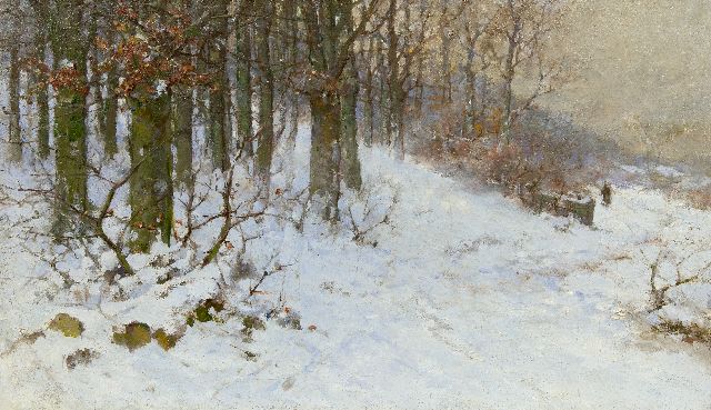 Willem Hendrik Eickelberg | Wandelend figuurtje in besneeuwd landschap, olieverf op doek, 59,8 x 102,2 cm