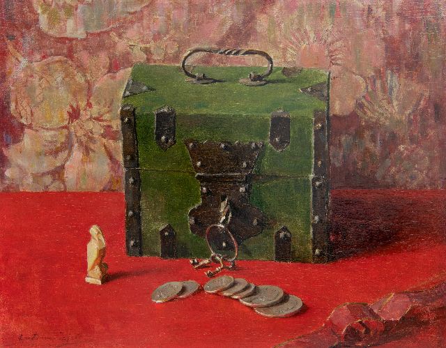Lucie van Dam van Isselt | Stilleven met groene geldkist, olieverf op paneel, 31,1 x 39,5 cm, gesigneerd l.o.