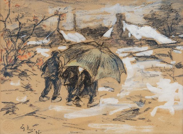 Edzard Koning | Veluwse boerenkinderen onder een paraplu, krijt en aquarel op papier, 17,8 x 24,2 cm, gesigneerd l.o. met initialen