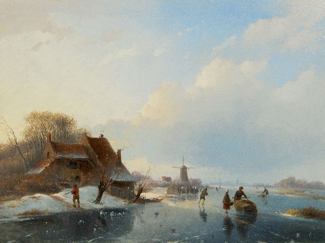 Willem Vester | Heldere winterdag op het ijs, olieverf op paneel, 32,6 x 43,5 cm, gesigneerd l.o.