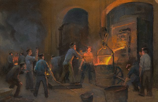 Herman Heijenbrock | In de ijzergieterij, pastel op papier, 38,9 x 59,3 cm, gesigneerd l.o.