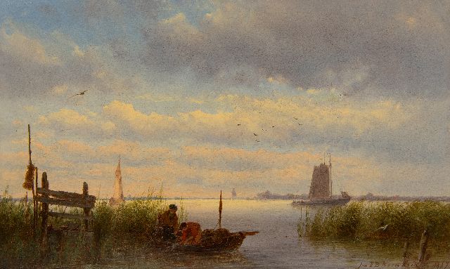 Jan H.B. Koekkoek | Riviergezicht met nettenhalende vissers, olieverf op paneel, 20,2 x 33,5 cm, gesigneerd r.o. en gedateerd 1867