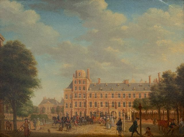 Haag T.P.C.  | Gezicht op het Stadhouderlijk Kwartier met een vertrekkende Prins Willem V, olieverf op paneel 49,8 x 66,4 cm