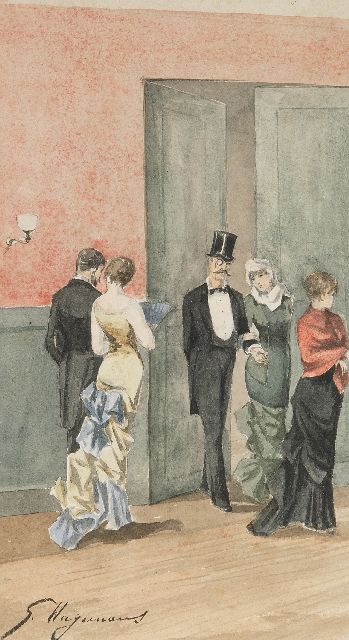 Germaine Hagemans | Elegante figuren, aquarel op papier, 24,1 x 13,9 cm, gesigneerd l.o.