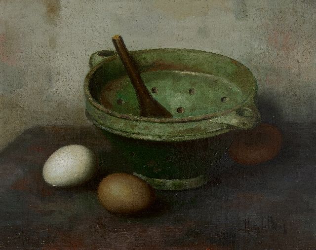Henk Bos | Stilleven met stenen vergiet en eieren, olieverf op doek op paneel, 24,5 x 30,4 cm, gesigneerd r.o.