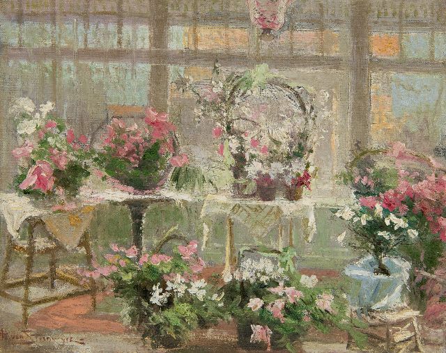 Hendrik Steenwijk | Serre met bloeiende planten, olieverf op doek op paneel, 29,9 x 36,8 cm, gesigneerd l.o.