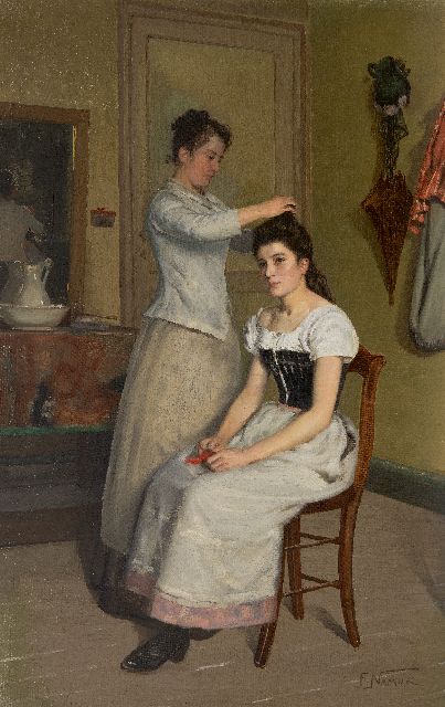 François Namur | Het opsteken van het haar, olieverf op doek, 74,6 x 47,6 cm, gesigneerd r.o.