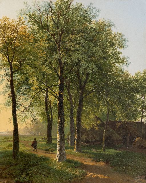 Koekkoek B.C.  | Wandelaar op een bospad in fel zonlicht, olieverf op doek 54,6 x 44,4 cm, gesigneerd r.o. en gedateerd 1829