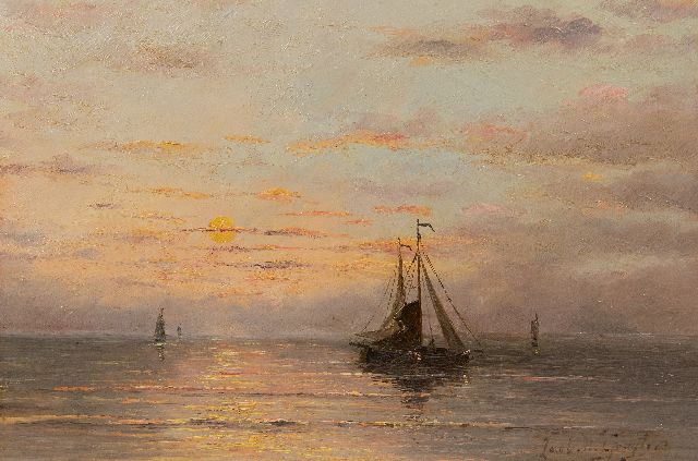 Jacob Willem Gruijter | Vissersschepen op kalme zee, olieverf op paneel, 22,6 x 33,0 cm, gesigneerd r.o.