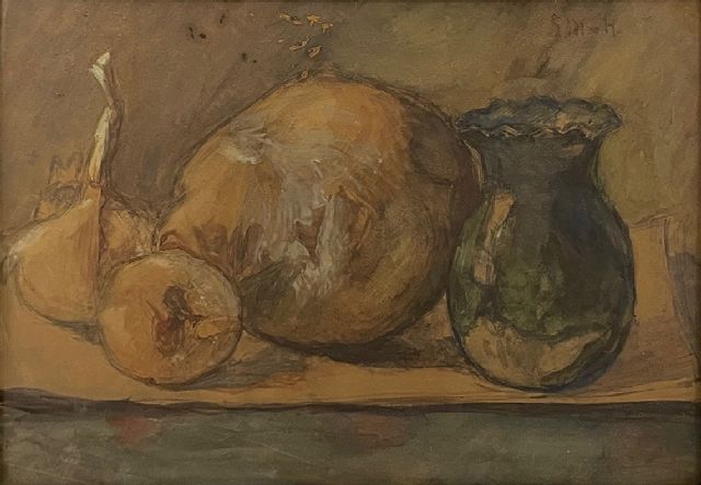 Mesdag-van Houten S.  | Stilleven met fruit en vaasje, aquarel op papier 26,4 x 37,1 cm, gesigneerd r.b. met initialen