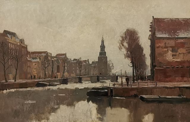 Evert Jan Ligtelijn | Een winters gezicht op de Oude Schans, Amsterdam, olieverf op doek, 71,5 x 108,4 cm, gesigneerd r.o.