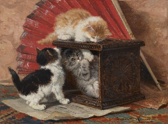 Henriette Ronner | Stilleven met drie spelende kittens, olieverf op paneel, 33,3 x 44,7 cm, gesigneerd r.o.
