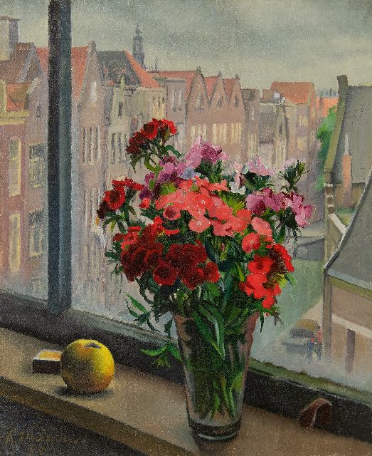 Raoul Martinez | Bloemstilleven op een vensterbank in Amsterdam, olieverf op doek, 55,6 x 46,4 cm, gesigneerd l.o. en gedateerd '50, zonder lijst