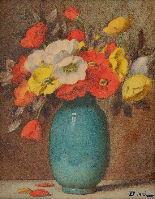 Ernest Filliard | Papavers in blauwe vaas, aquarel op papier, 16,7 x 13,8 cm, gesigneerd r.o.