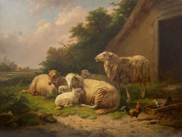 Cornelis van Leemputten | Rustende schapen bij een stal, olieverf op paneel, 64,9 x 86,0 cm, gesigneerd l.o. en gedateerd '68