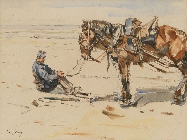 Israels I.L.  | Een artillerist met paarden op het strand, aquarel op papier 19,4 x 26,0 cm, gesigneerd l.o.