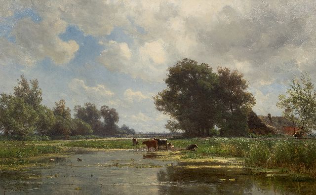 Jan Willem van Borselen | Koeien aan het water, olieverf op doek, 66,2 x 106,6 cm, gesigneerd l.o.