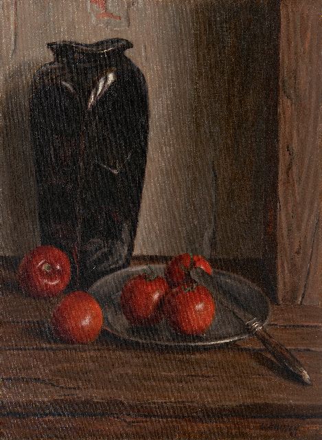Hansen C.  | Stilleven met vaas en tomaten, olieverf op doek 54,4 x 40,5 cm