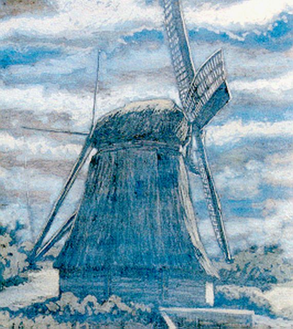 Willy van Schoonhoven van Beurden | Molen te Diemen bij maanlicht, gouache op schilderboard, 72,3 x 58,9 cm, gesigneerd l.o.