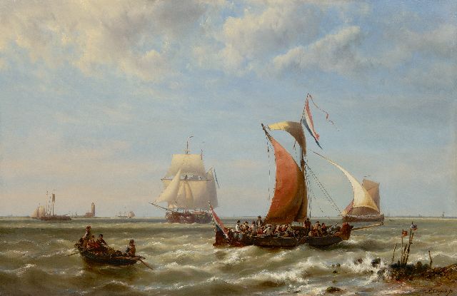 Hermanus Koekkoek jr. | Pleziervaart langs de kust, olieverf op paneel, 78,4 x 120,3 cm, gesigneerd r.o. en gedateerd 1868