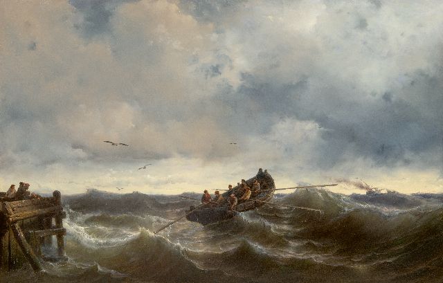Louis Meijer | Uitvarende reddingssloep, olieverf op paneel, 85,0 x 130,5 cm, gesigneerd r.o. en gedateerd 1857