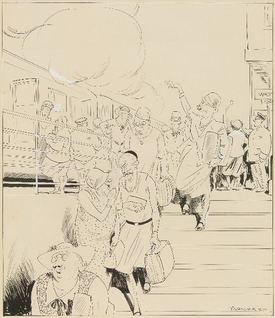 Piet van der Hem | Op het station, inkt en aquarel op papier, 49,8 x 35,0 cm, gesigneerd r.o.
